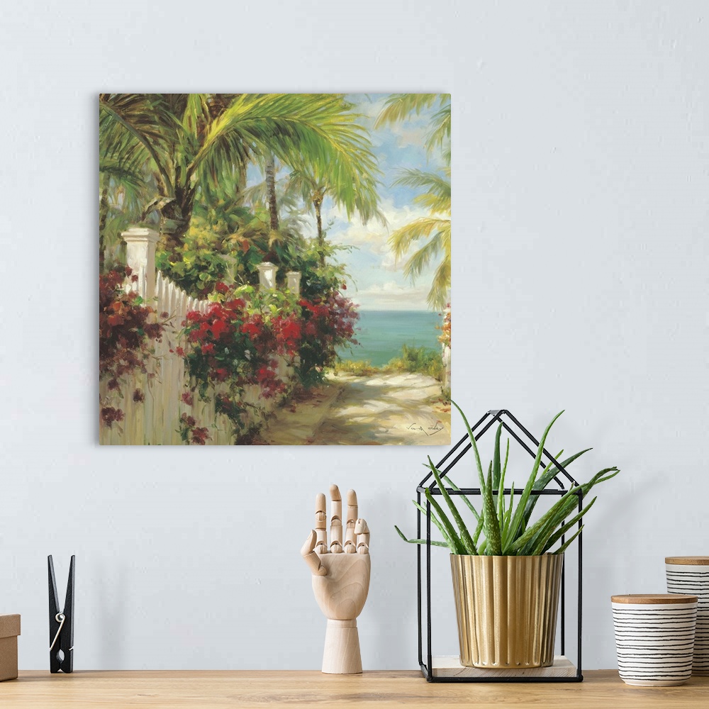 A bohemian room featuring Contemporary painting of a sandy path to the ocean with white fences and palm trees.