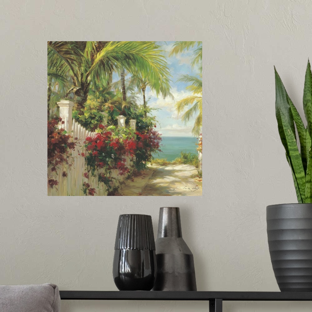 A modern room featuring Contemporary painting of a sandy path to the ocean with white fences and palm trees.