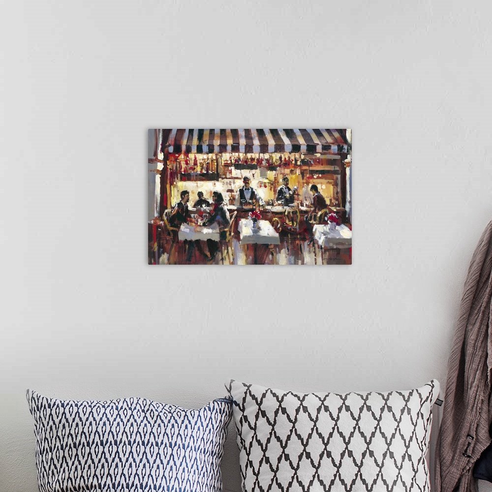 A bohemian room featuring Contemporary painting of people eating at outdoor bistro.