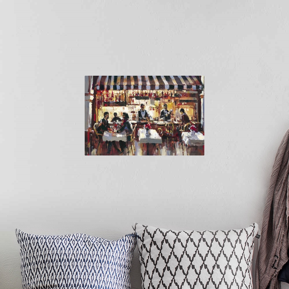 A bohemian room featuring Contemporary painting of people eating at outdoor bistro.