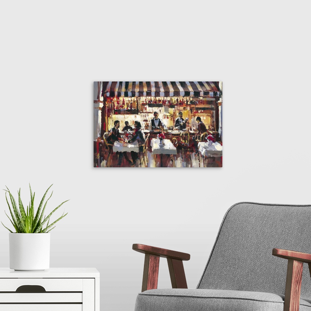 A modern room featuring Contemporary painting of people eating at outdoor bistro.