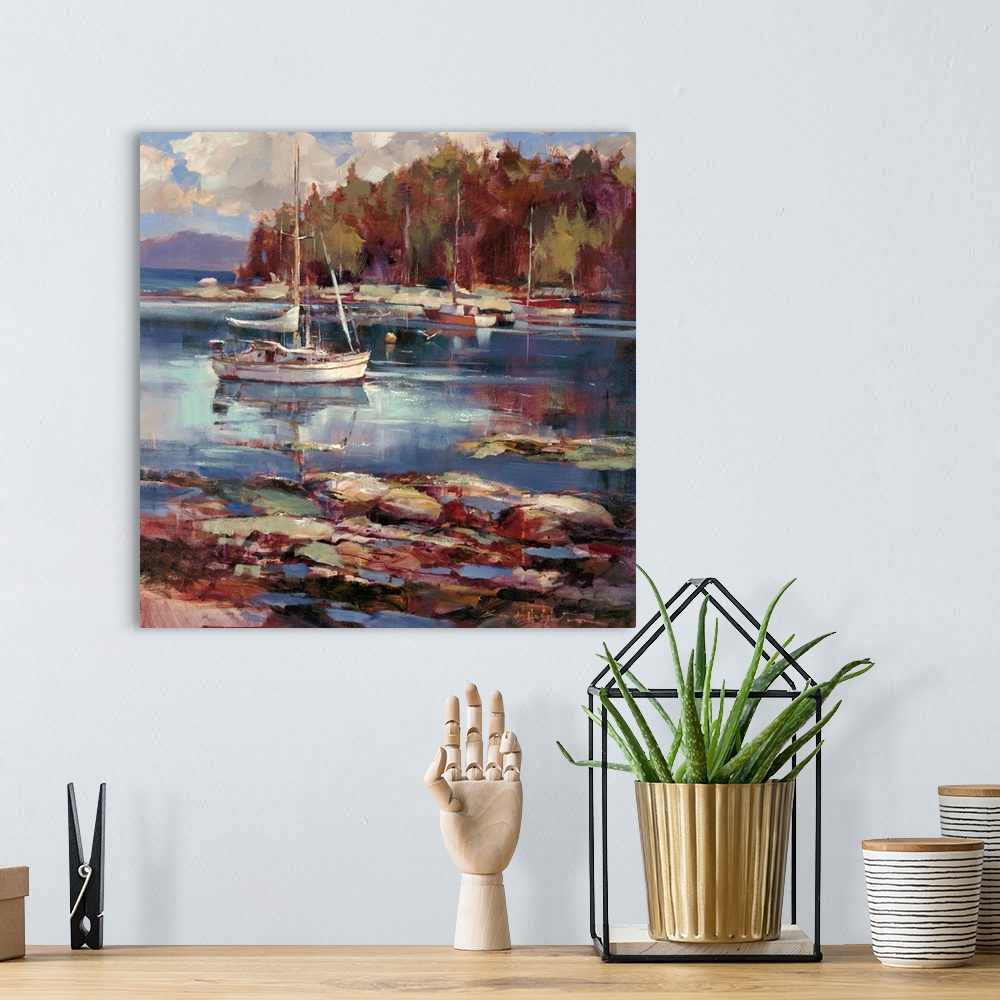A bohemian room featuring Contemporary painting of a sailboat on still water, with billowing clouds in the background.
