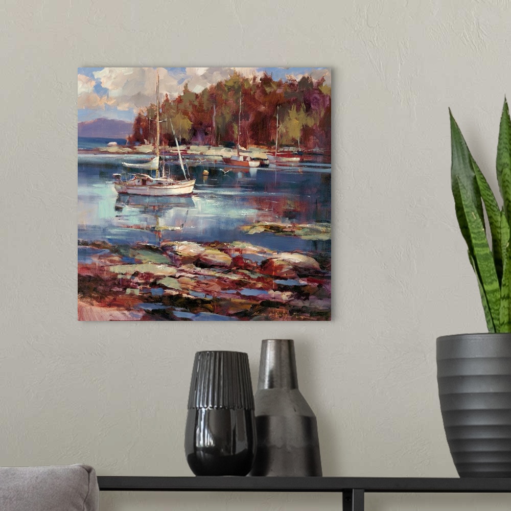 A modern room featuring Contemporary painting of a sailboat on still water, with billowing clouds in the background.