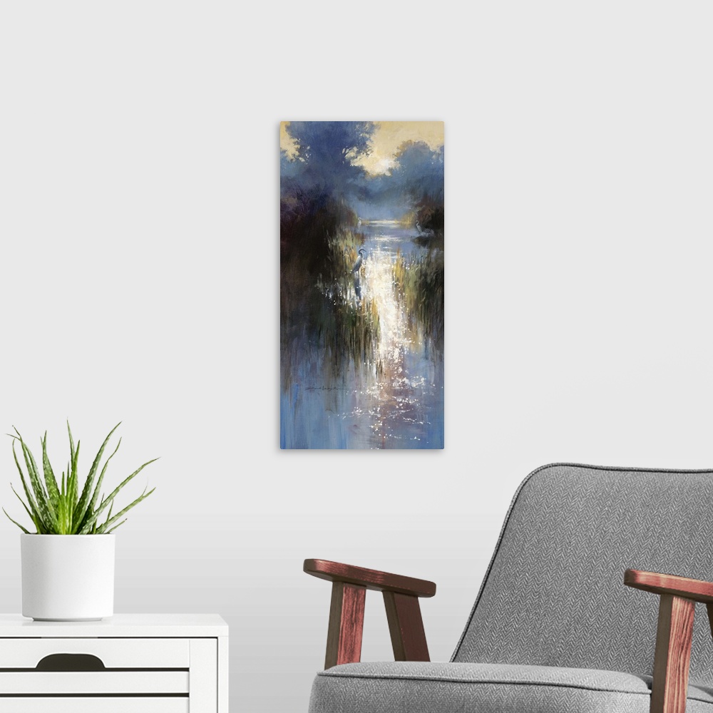 A modern room featuring Painting of a body of water with the sun glaring on the surface of the water.