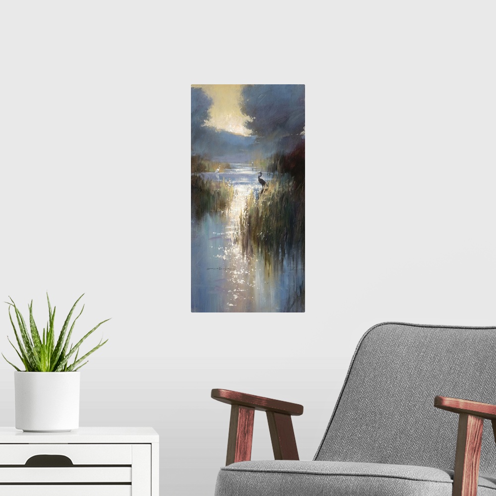 A modern room featuring Painting of a body of water with the sun glaring on the surface of the water.