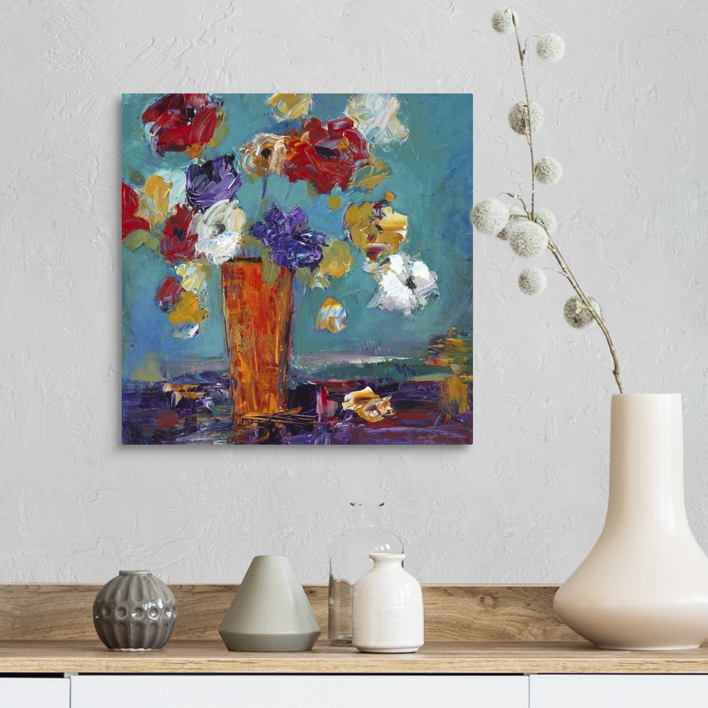 A farmhouse room featuring Contemporary still life painting of an orange vase filled with colorful flowers.