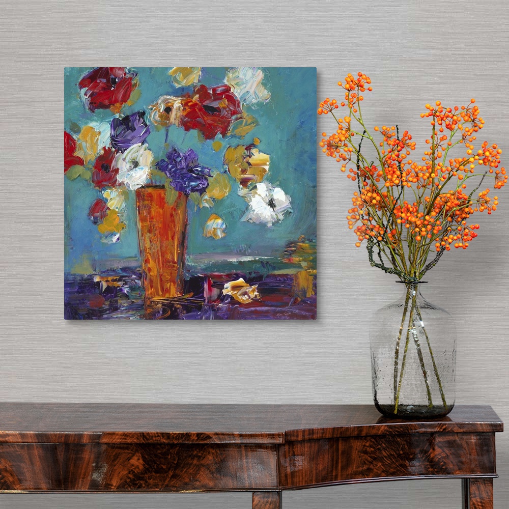 A traditional room featuring Contemporary still life painting of an orange vase filled with colorful flowers.
