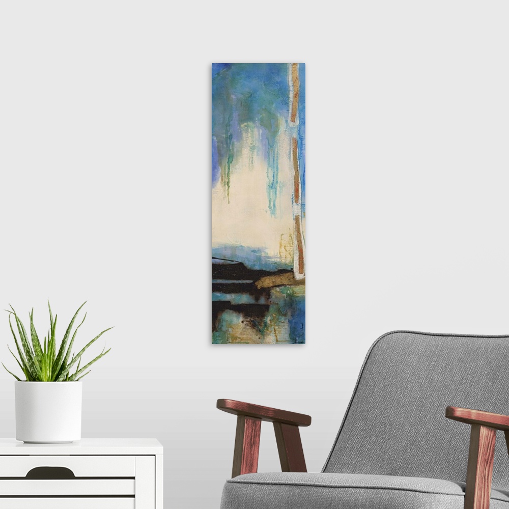 A modern room featuring Contemporary abstract artwork using icy blue tones mixed with beige to create depth.
