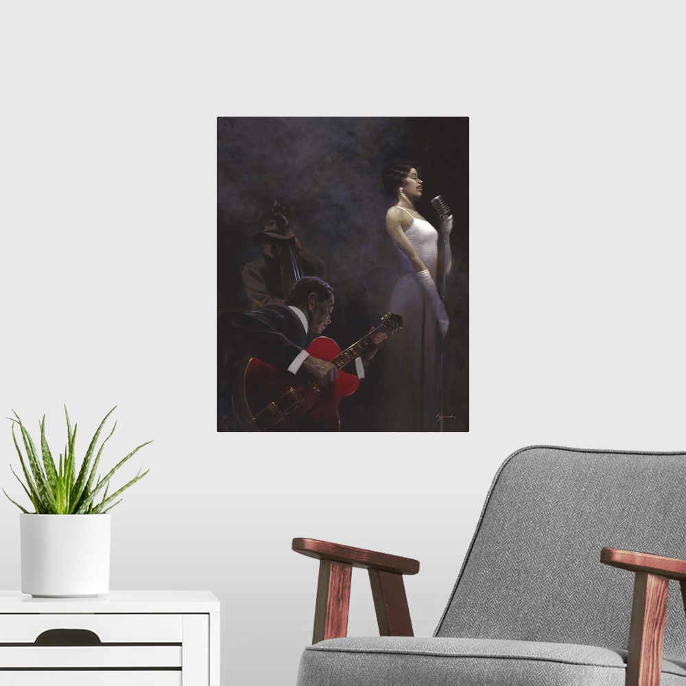 A modern room featuring Contemporary painting of woman in a white dress standing at a microphone singing, with a jazz ban...