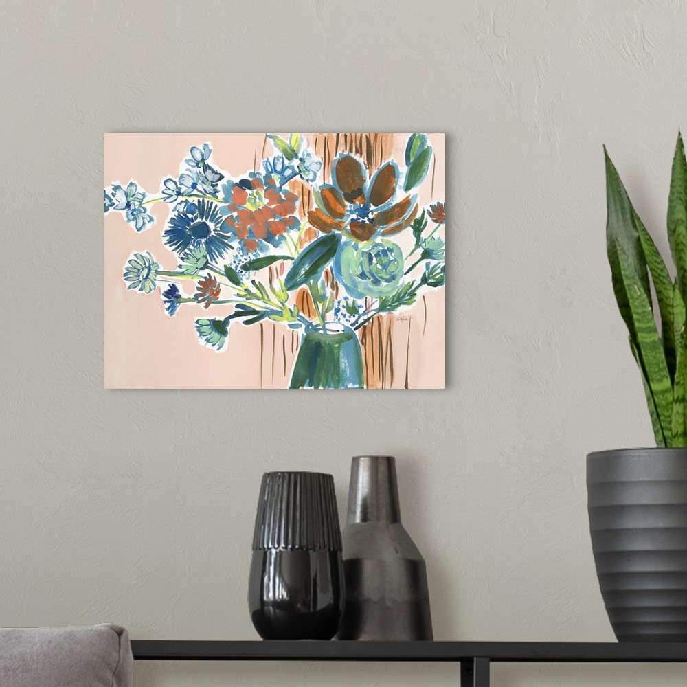 A modern room featuring Watercolor painting of a bouquet of orange, green, and blue flowers on tan.