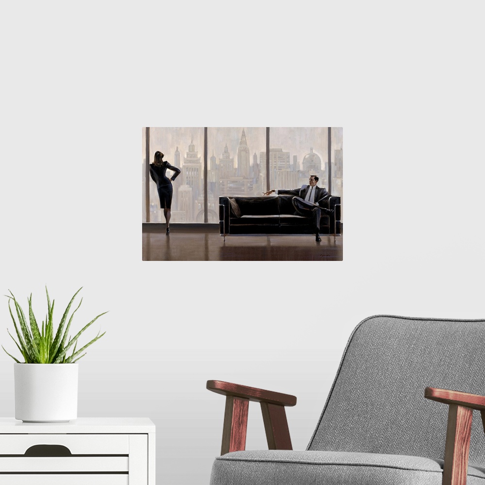 A modern room featuring Contemporary painting of woman standing at a window looking out a city skyline, while a man in a ...