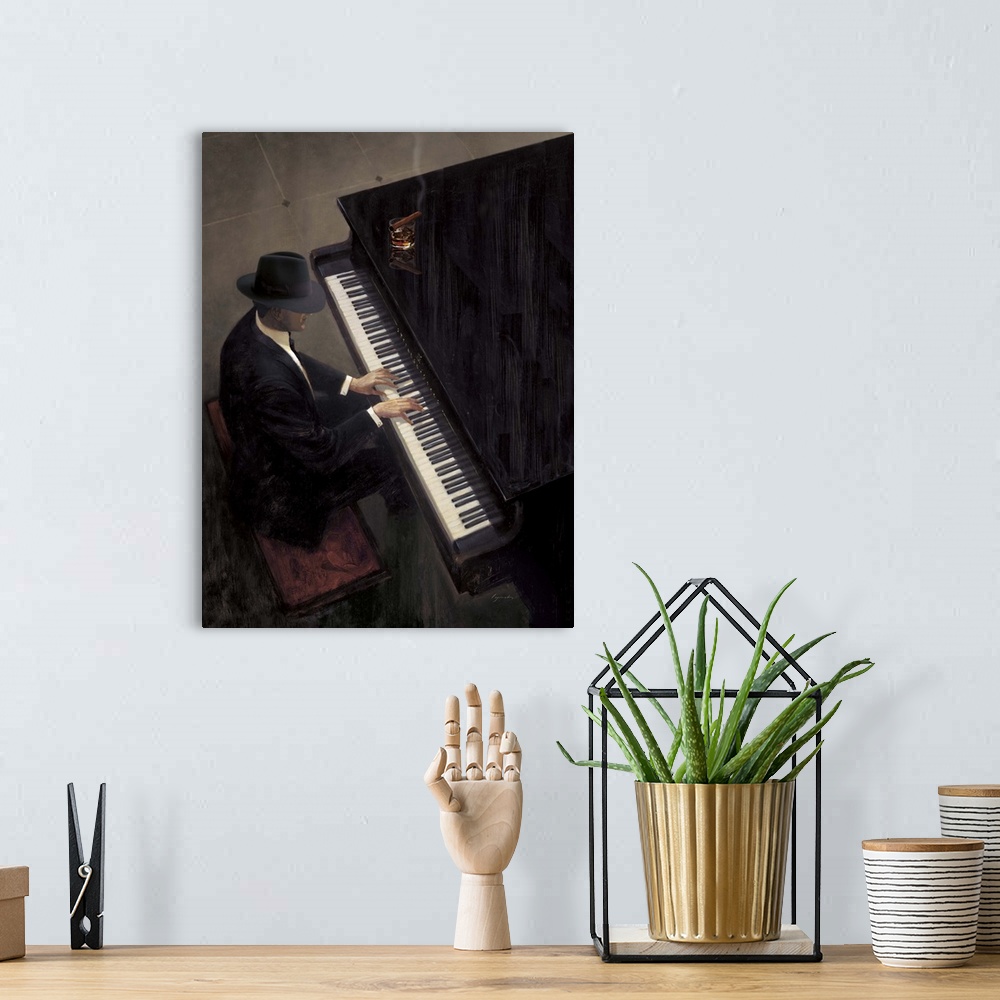 A bohemian room featuring Contemporary painting of a man in a hat and suit playing a piano, with a cigar and drink sitting ...