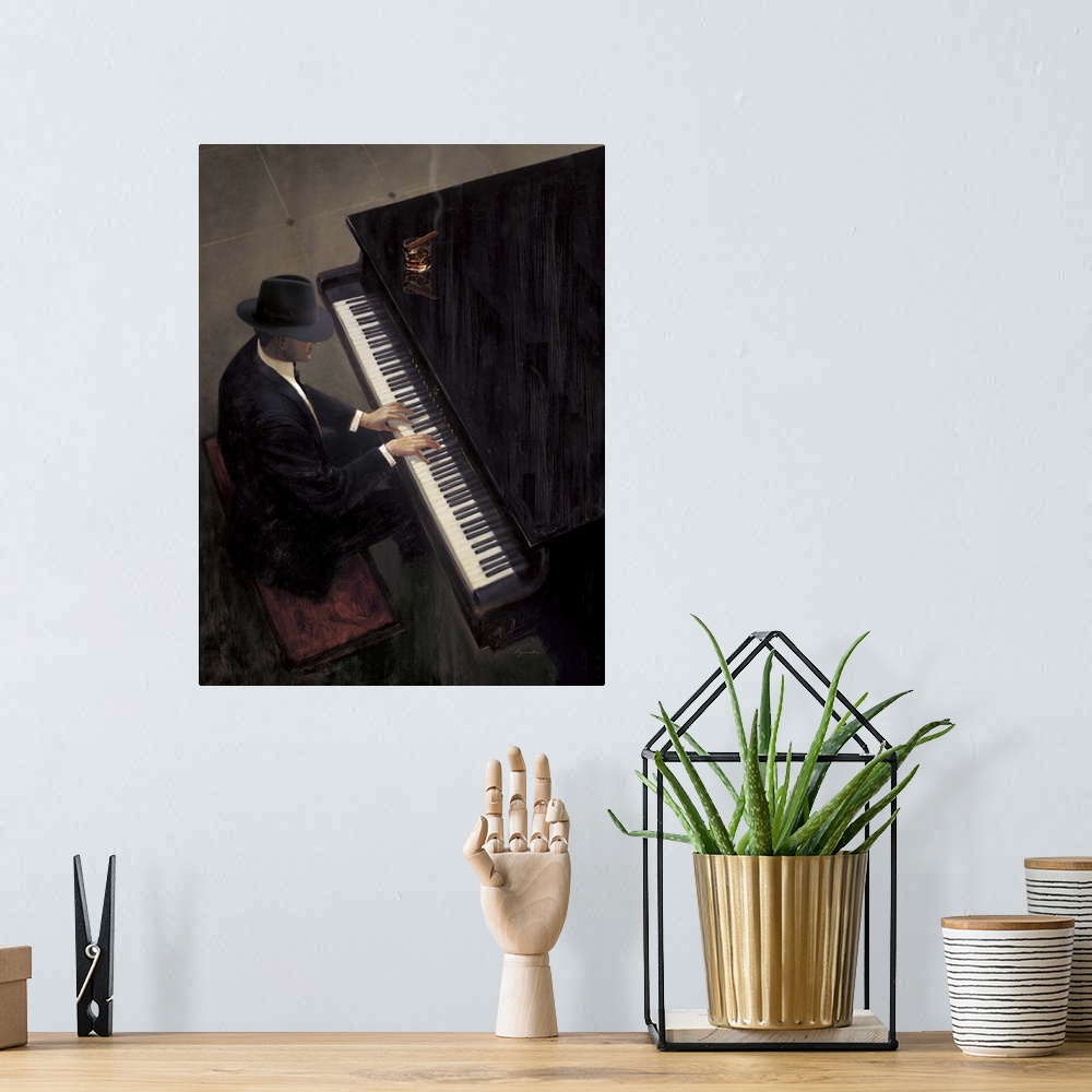 A bohemian room featuring Contemporary painting of a man in a hat and suit playing a piano, with a cigar and drink sitting ...