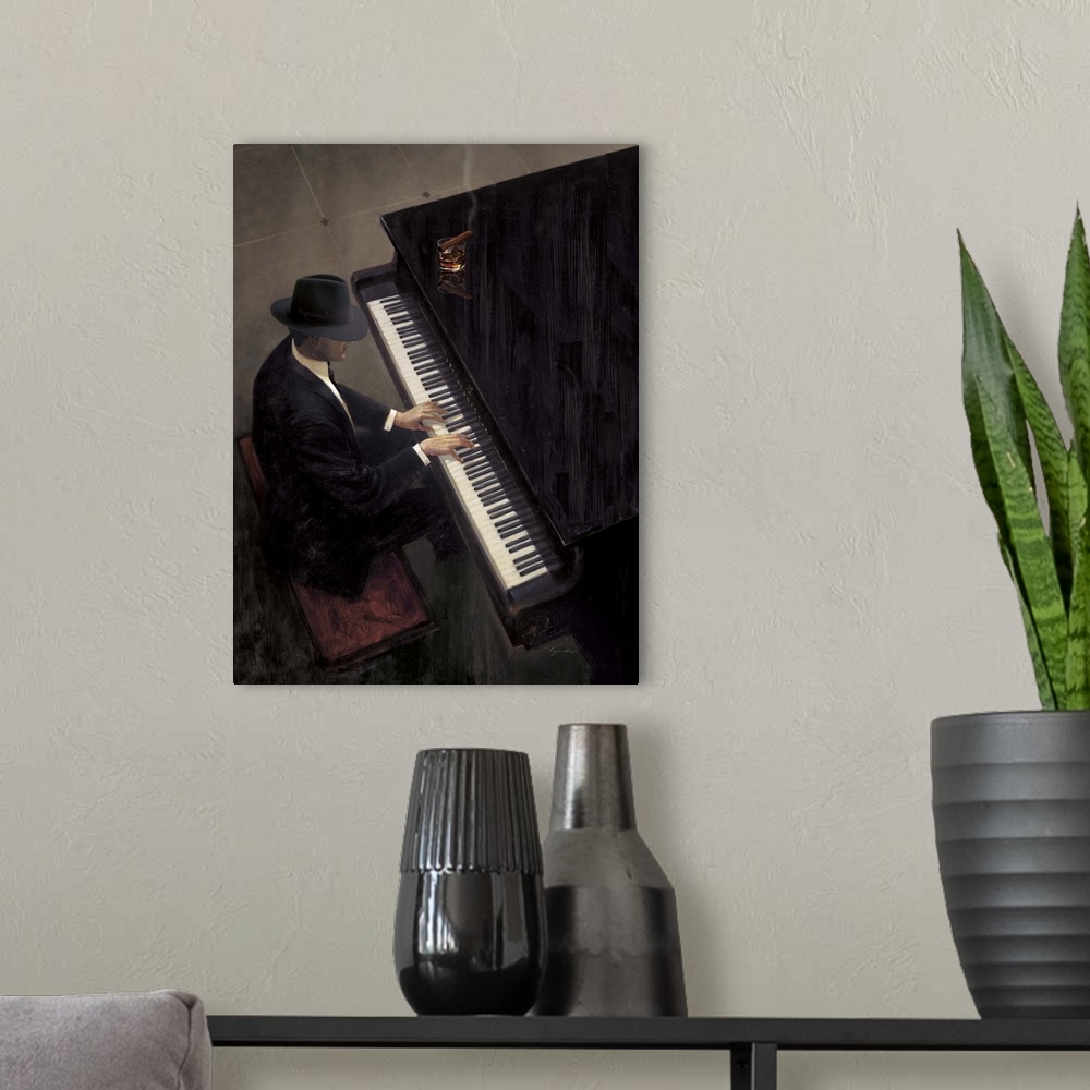 A modern room featuring Contemporary painting of a man in a hat and suit playing a piano, with a cigar and drink sitting ...