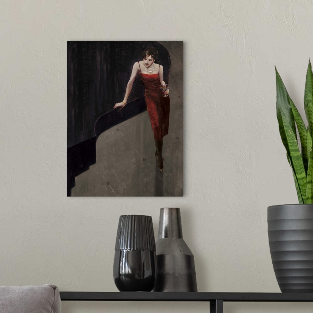 A modern room featuring Contemporary painting of a woman in a red dress standing beside a piano holding a drink.