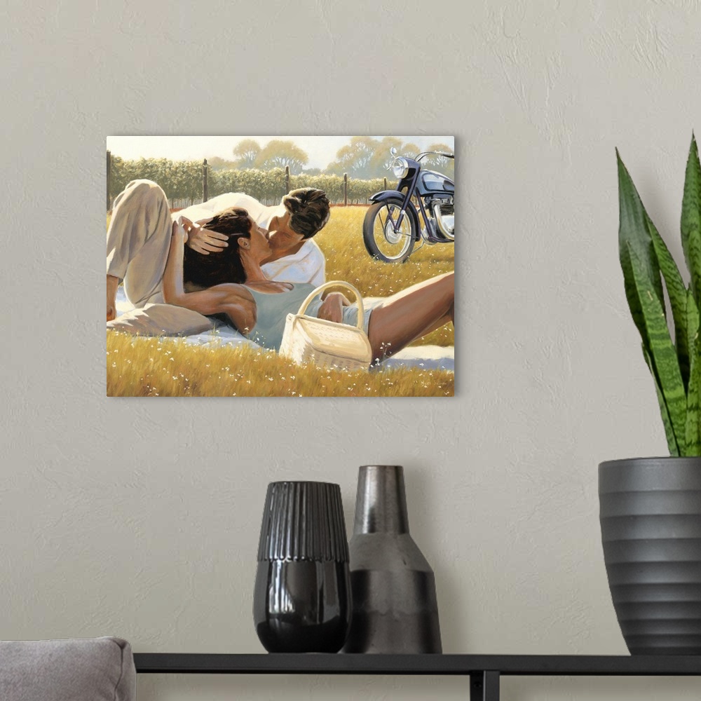 A modern room featuring Contemporary painting of a man and woman kissing in a meadow.