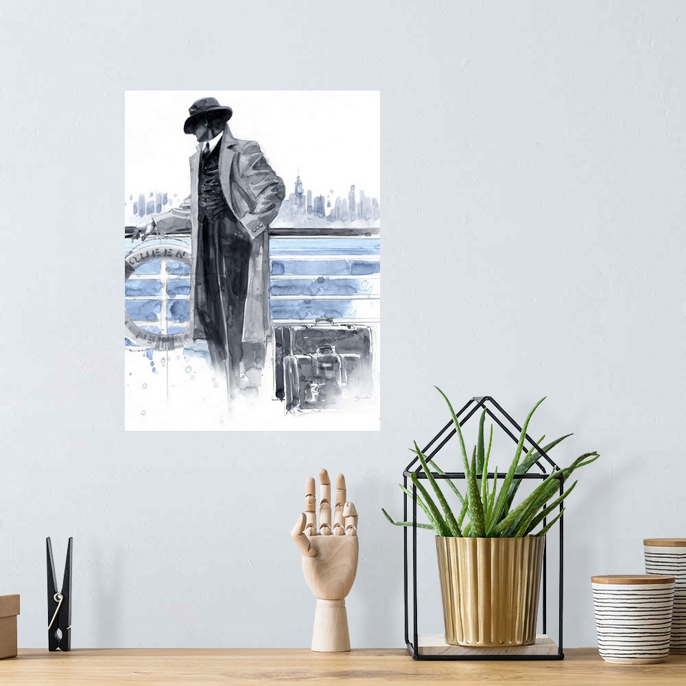 A bohemian room featuring Contemporary painting of a man standing in front of a railing on a ship, looking out at a city sk...