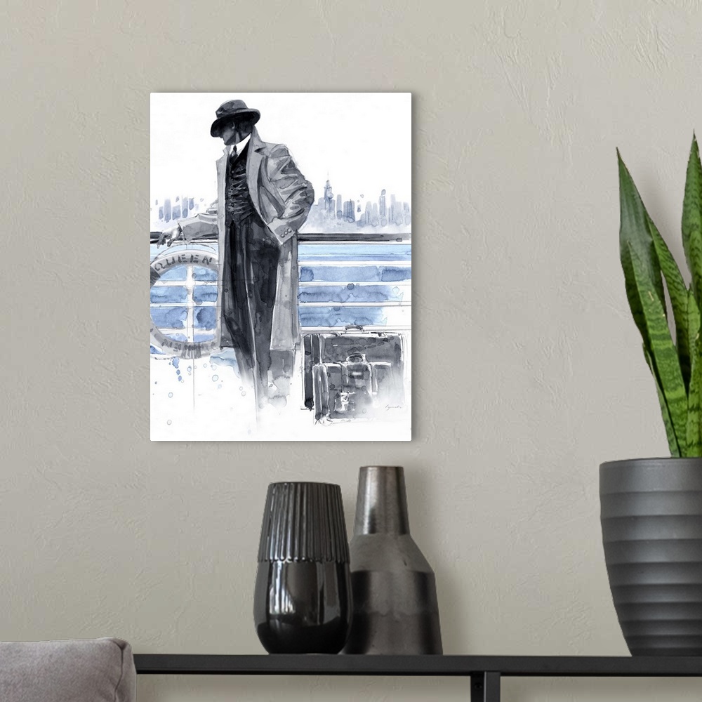 A modern room featuring Contemporary painting of a man standing in front of a railing on a ship, looking out at a city sk...
