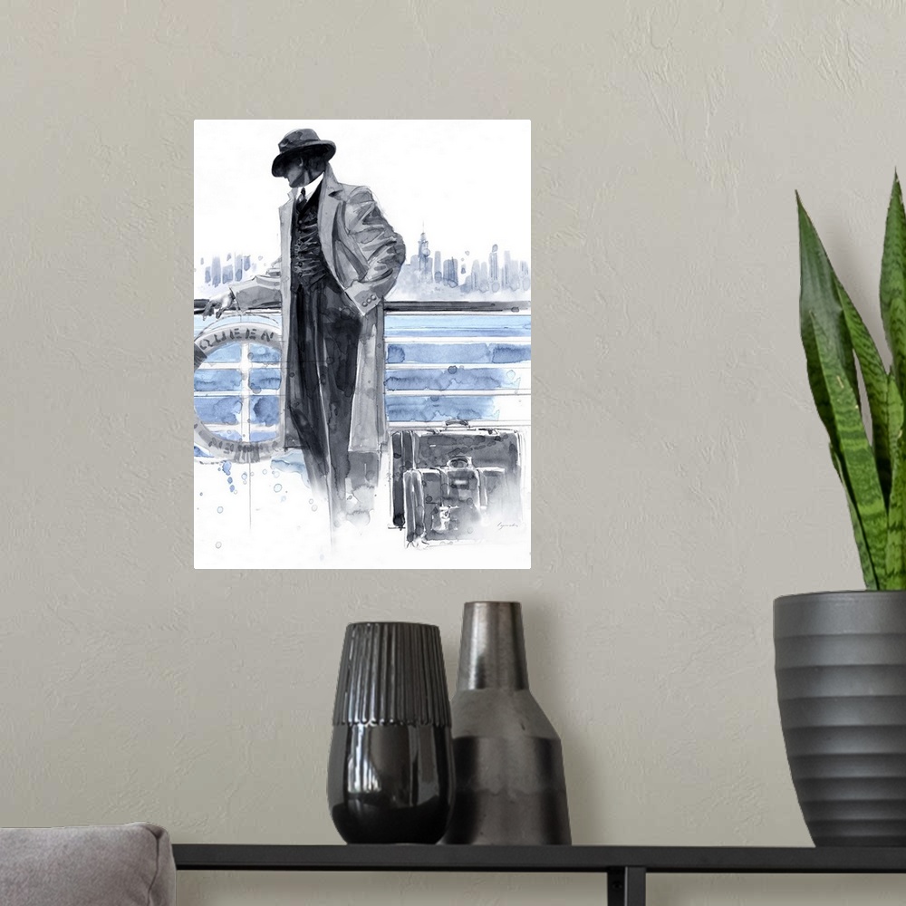 A modern room featuring Contemporary painting of a man standing in front of a railing on a ship, looking out at a city sk...