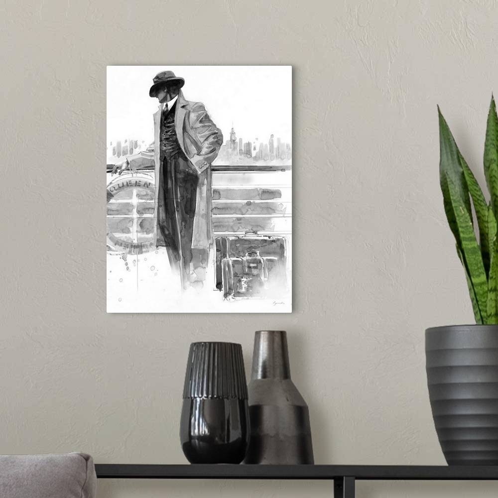 A modern room featuring Contemporary painting in gray scale of a man standing in front of a railing on a ship, looking ou...
