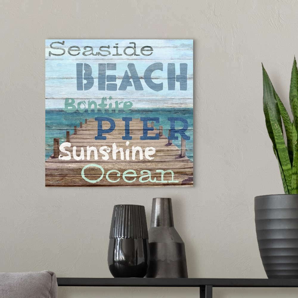 A modern room featuring Pier View Weathered Wood Sign