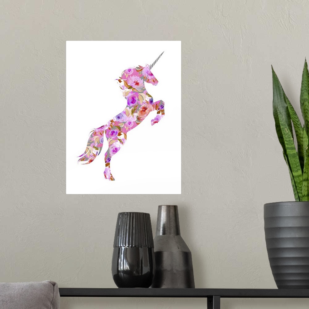 A modern room featuring Illustration of a pink, purple, red, and gray floral unicorn on a white background.