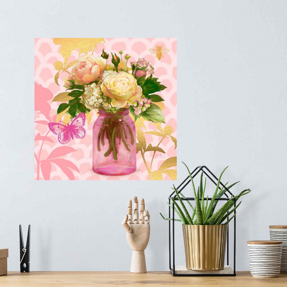 A bohemian room featuring Contemporary home decor artwork of a vibrant yellow flowers in a light pink mason jar against a l...