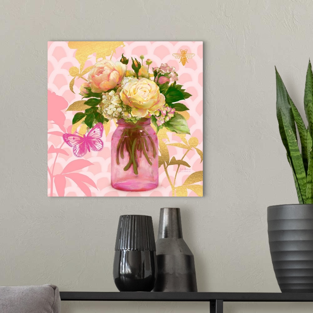A modern room featuring Contemporary home decor artwork of a vibrant yellow flowers in a light pink mason jar against a l...