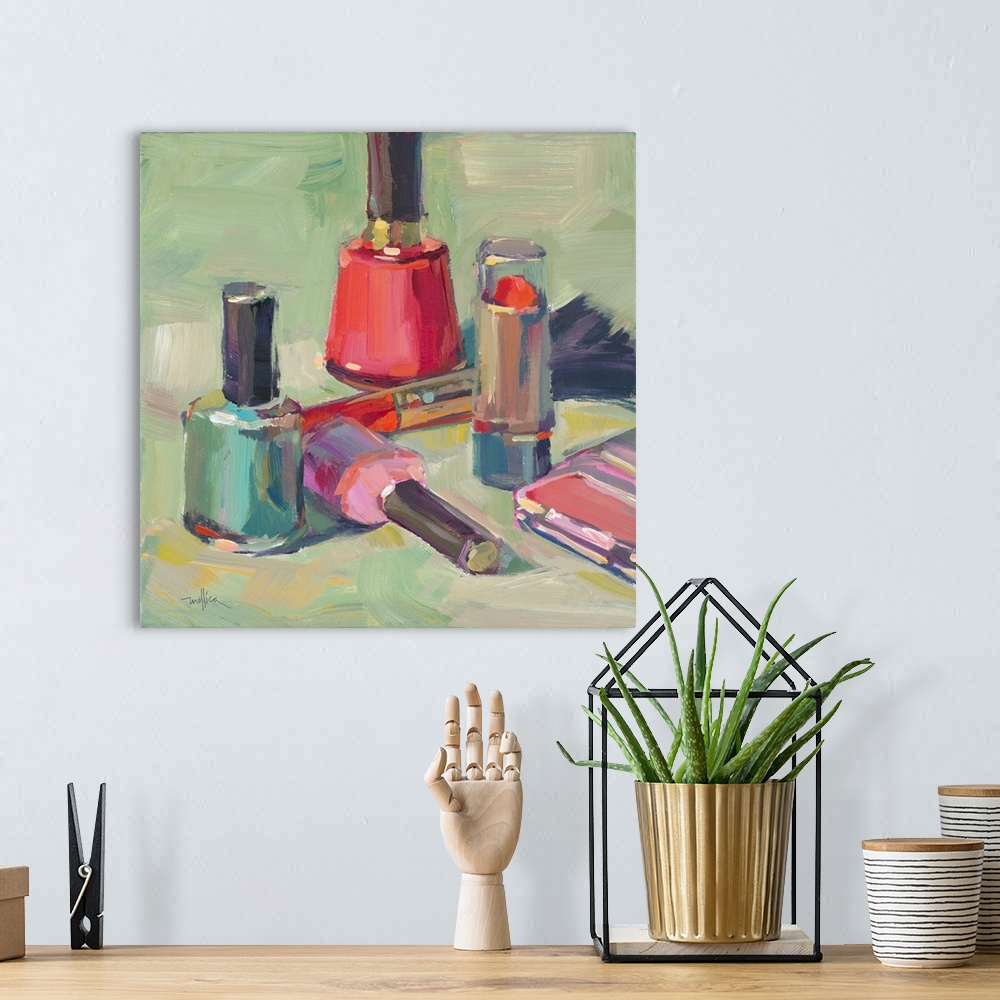 A bohemian room featuring Contemporary painting of a different lipstick liners and nail polishes.