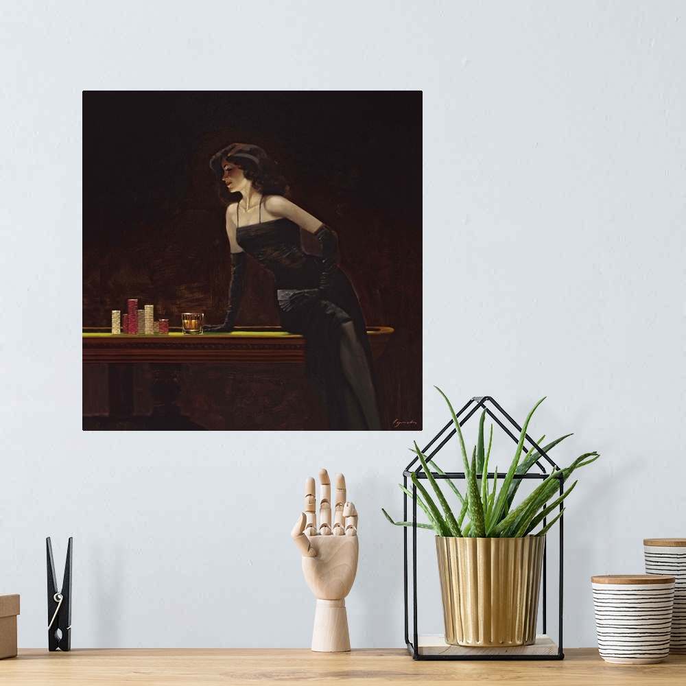 A bohemian room featuring Contemporary painting of woman wearing a black cocktail dress sitting on the edge of a casino tab...