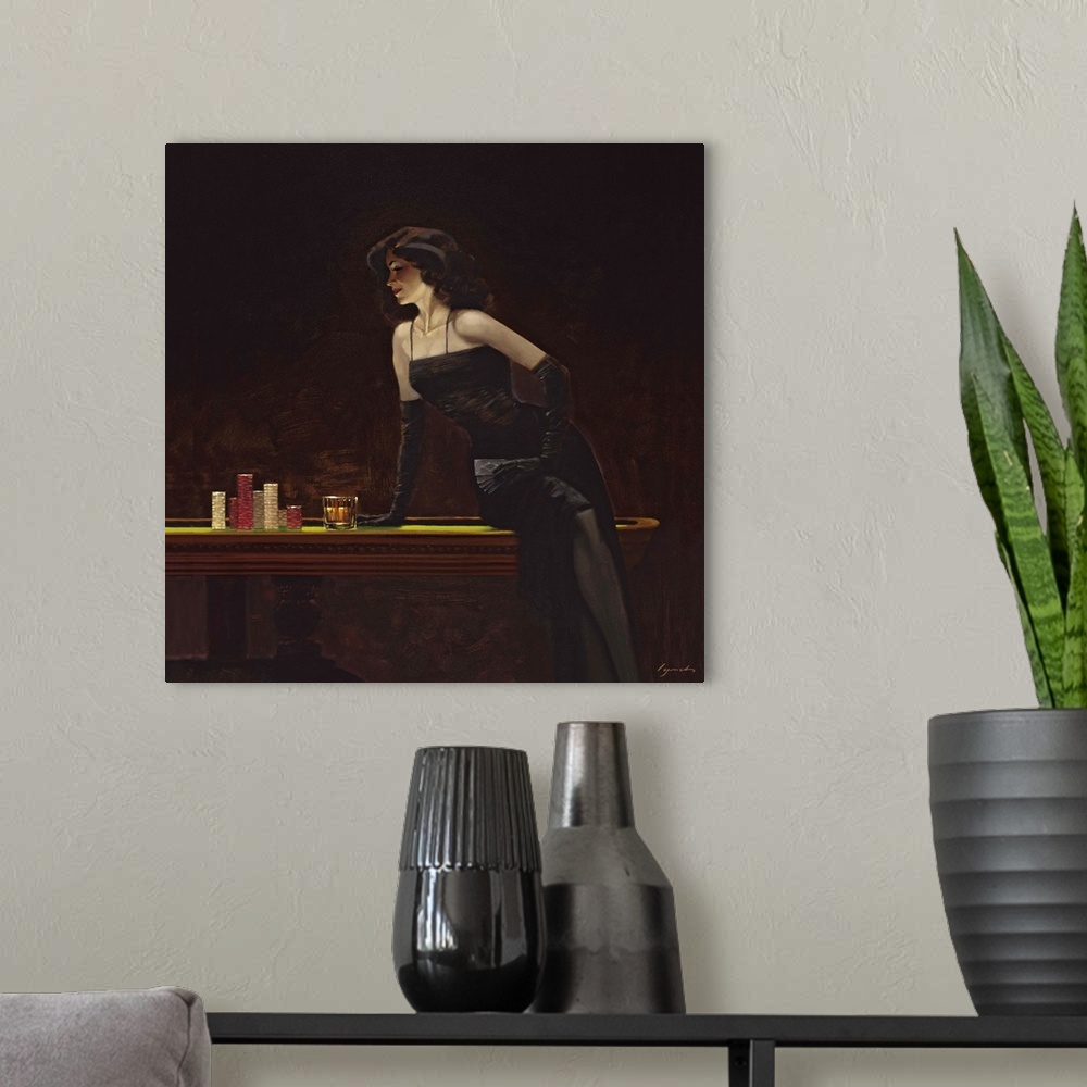 A modern room featuring Contemporary painting of woman wearing a black cocktail dress sitting on the edge of a casino tab...