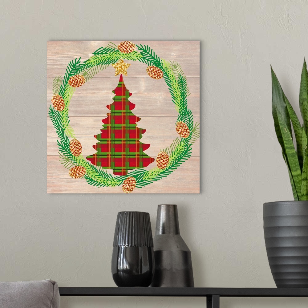 A modern room featuring Plaid silhouette of a Christmas tree inside of a Winter wreath in blue, green, and gold hues on a...