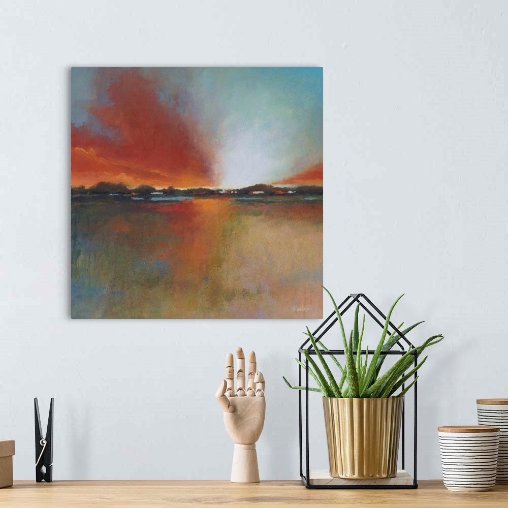 A bohemian room featuring Contemporary painting of a colorful and idyllic plains landscape.