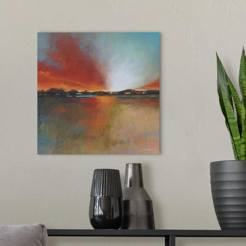 A modern room featuring Contemporary painting of a colorful and idyllic plains landscape.