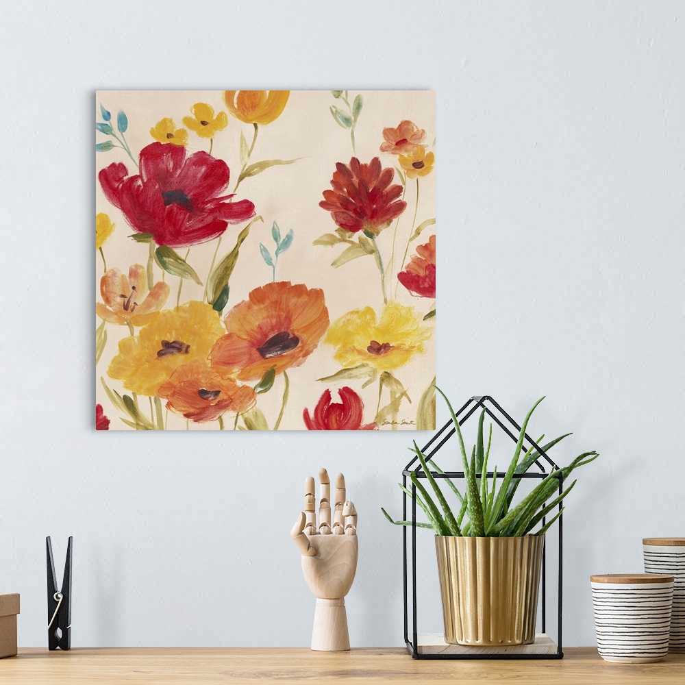 A bohemian room featuring Colorful painting of several bright poppy flowers on a light background.