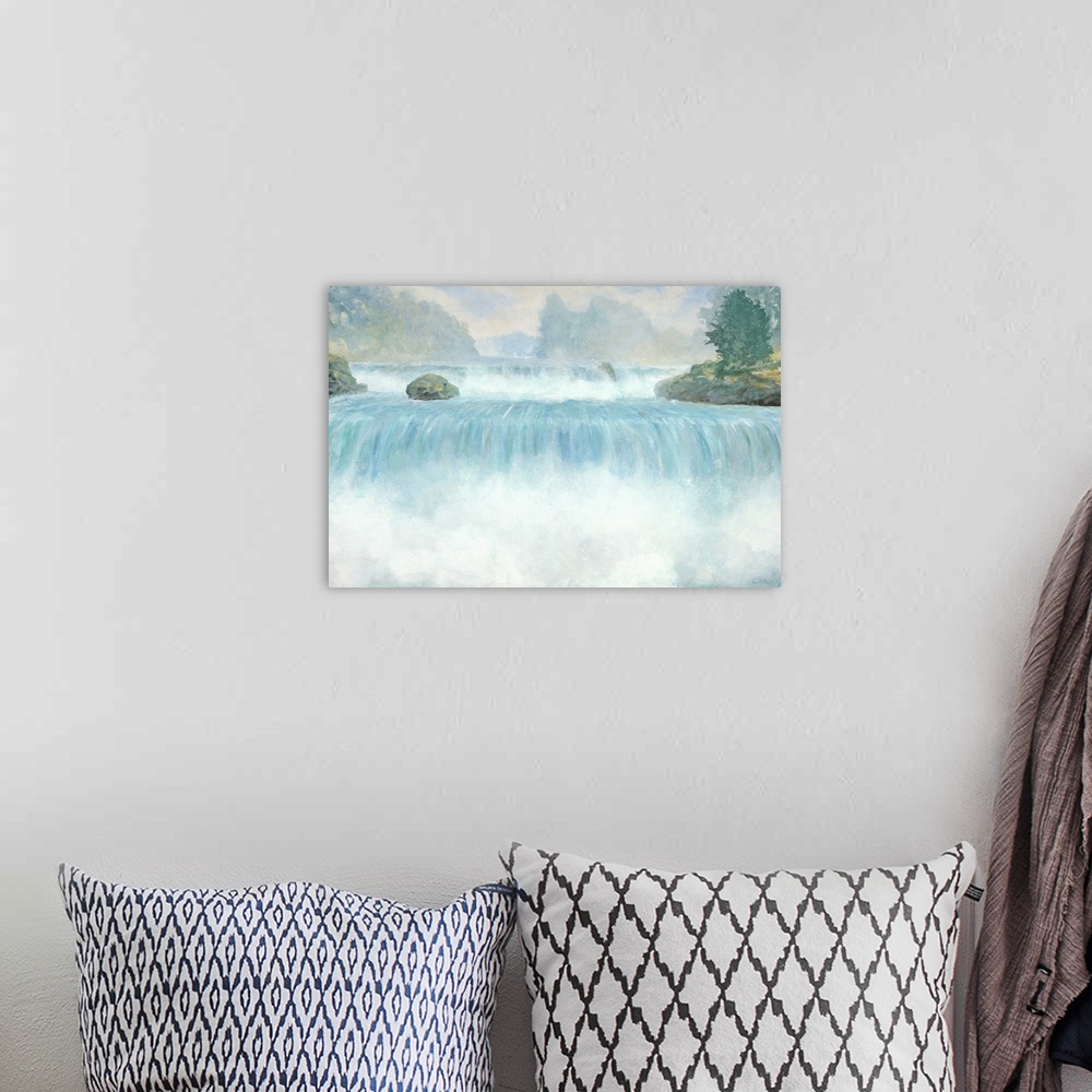 A bohemian room featuring Contemporary art print of a rushing waterfall with cool blue water.