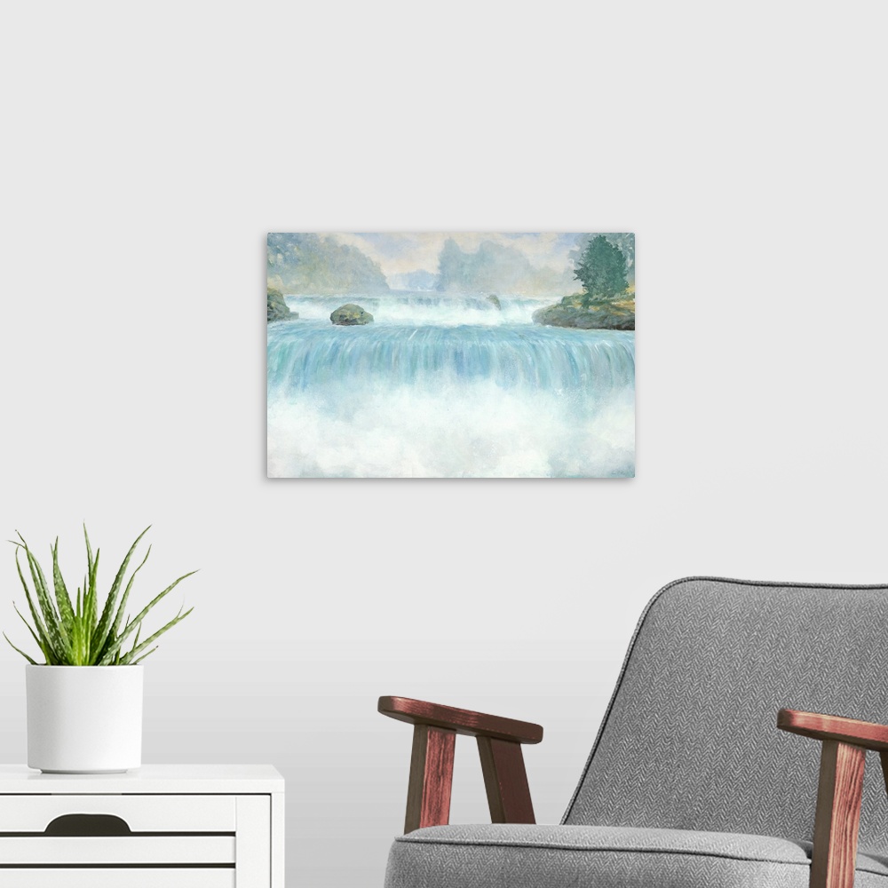 A modern room featuring Contemporary art print of a rushing waterfall with cool blue water.