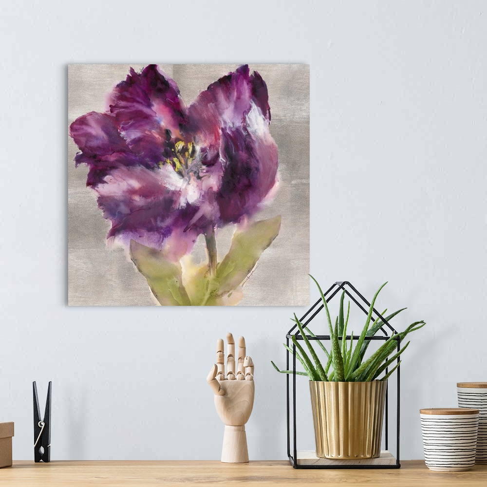 A bohemian room featuring Watercolor painting of purple flower.