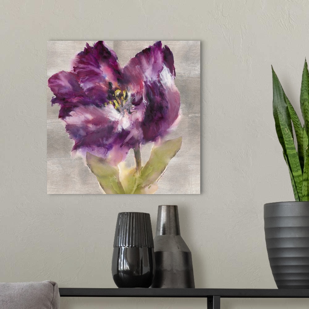 A modern room featuring Watercolor painting of purple flower.
