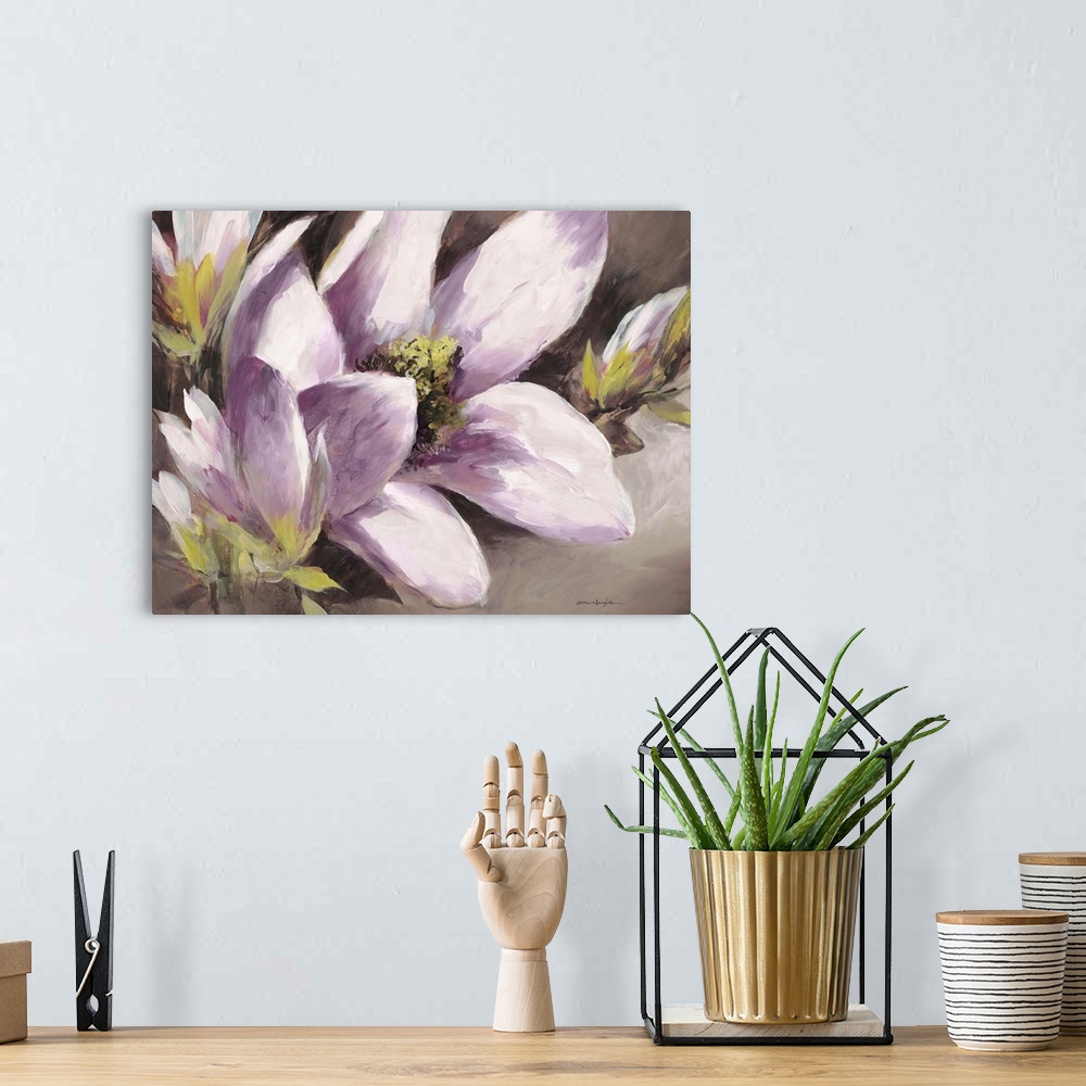 A bohemian room featuring Contemporary painting of a purple magnolia flower.