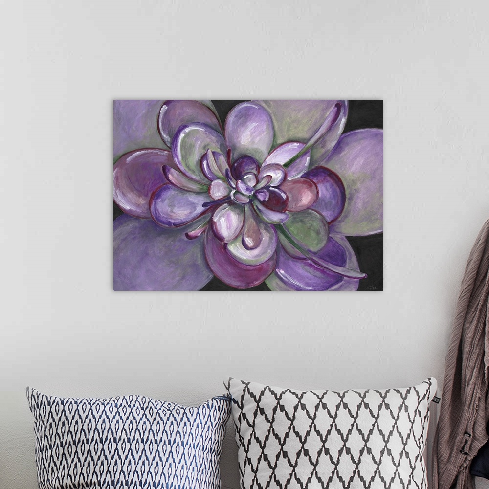 A bohemian room featuring Contemporary home decor artwork of a close-up of a purple succulent.