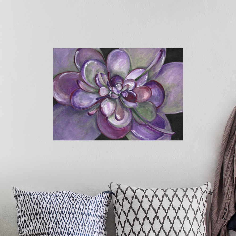 A bohemian room featuring Contemporary home decor artwork of a close-up of a purple succulent.