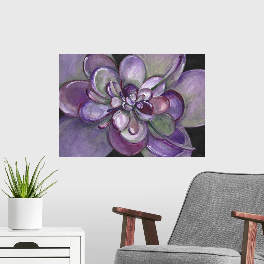 A modern room featuring Contemporary home decor artwork of a close-up of a purple succulent.