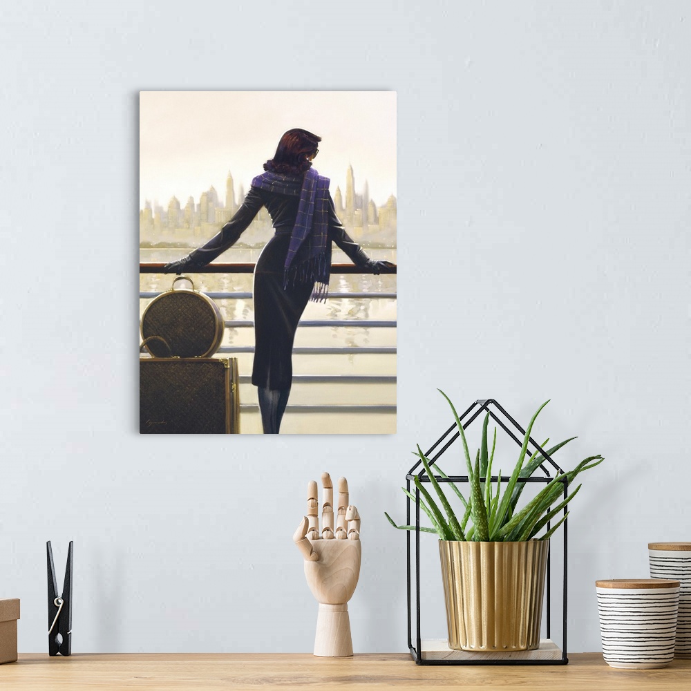 A bohemian room featuring Contemporary painting of woman standing in front of a railing of a ship, looking out at a city sk...