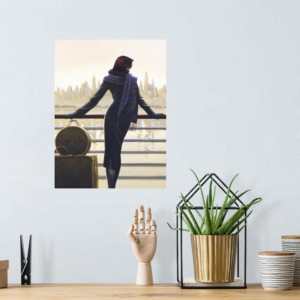 A bohemian room featuring Contemporary painting of woman standing in front of a railing of a ship, looking out at a city sk...
