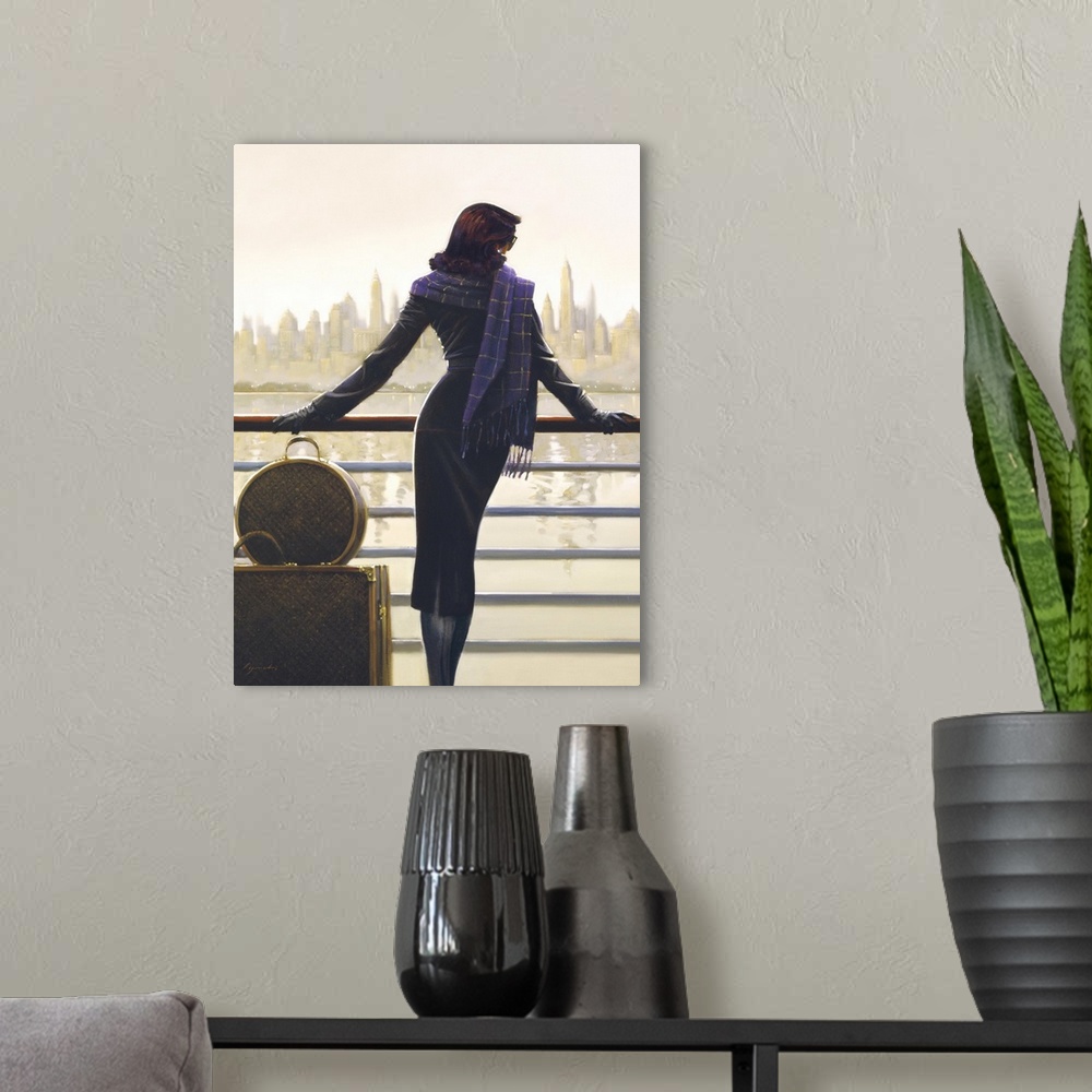 A modern room featuring Contemporary painting of woman standing in front of a railing of a ship, looking out at a city sk...