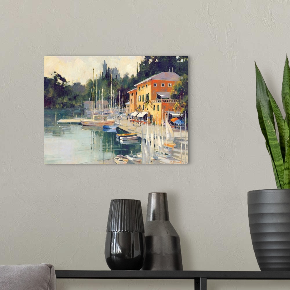A modern room featuring Contemporary painting of a village harbor, with yellow buildings.