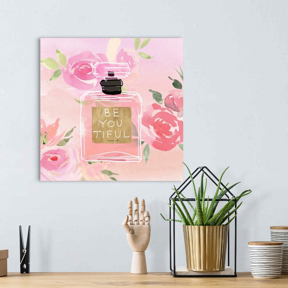 A bohemian room featuring Watercolor perfume bottle labeled "be you tiful" with roses.
