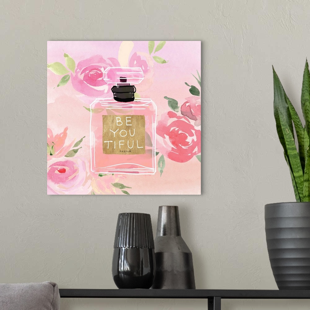 A modern room featuring Watercolor perfume bottle labeled "be you tiful" with roses.