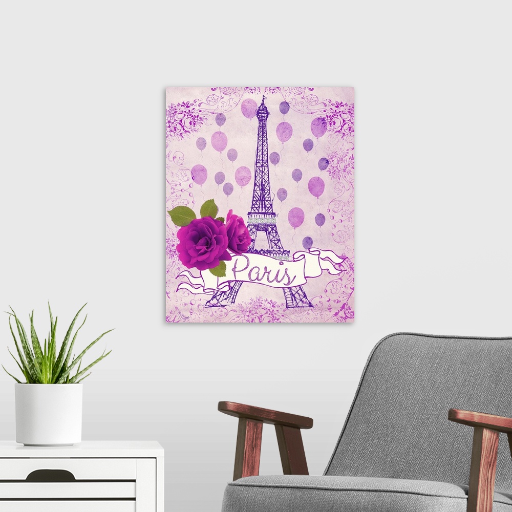 A modern room featuring Vibrant pink Paris themed home decor art of a purple Eiffel tower against a pink background wit a...
